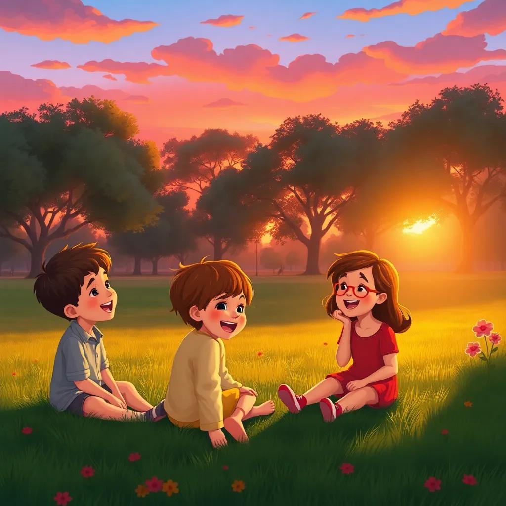 A sunset over the park with shades of orange and pink, children sitting on the grass, breathless and laughing, sharing stories of the day's fun, cozy atmosphere, heartwarming display, digital painting, colorful