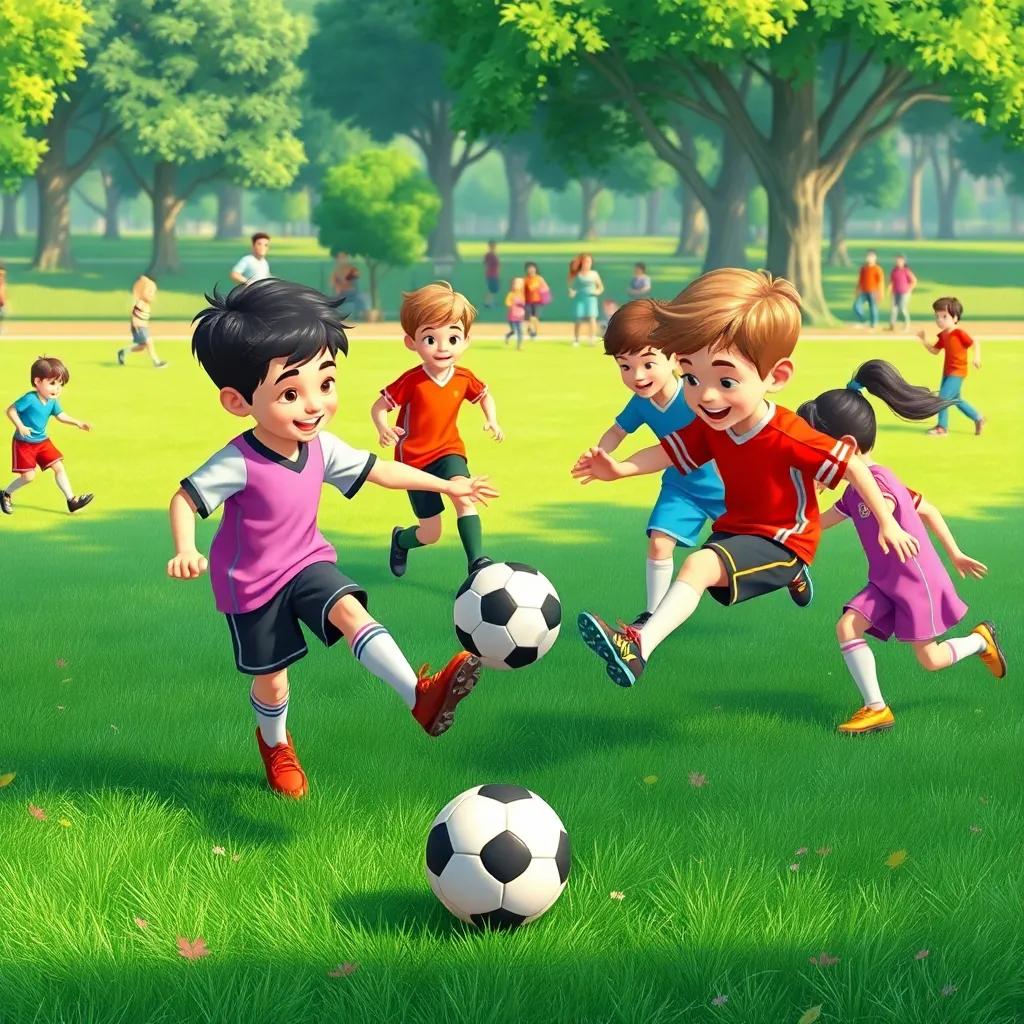 A soccer match in the park, two teams of children kicking the ball, excitement buzzing all around, vibrant green grass, colorful jerseys, joyful moments in action, dynamic illustration, engaging scene, high quality
