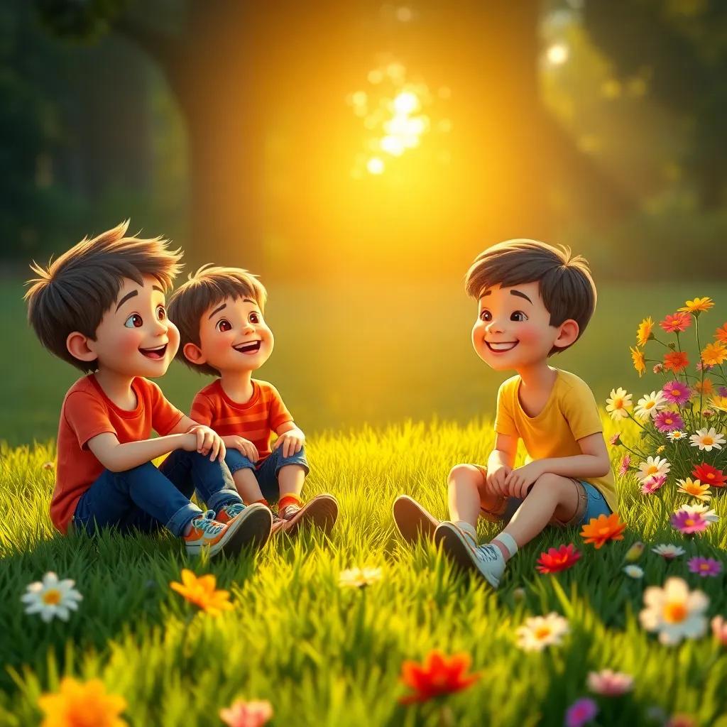 Children seated on the grass, smiling and chatting after their game, warm sun creating a cozy atmosphere on their skin, colorful flowers nearby, heartwarming scene, digital art, friendly vibe, high quality