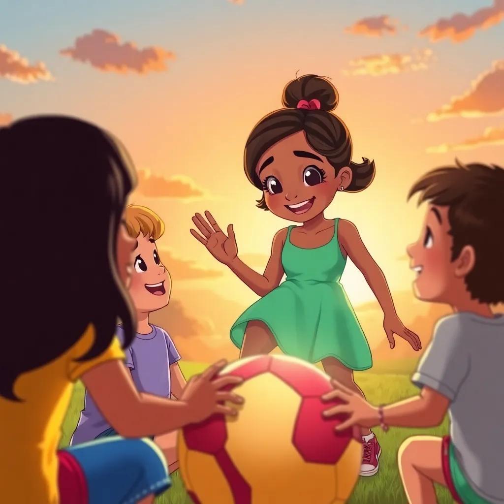 Maya sharing her love for playing ball with friends, children nodding and smiling, sunset background casting a warm glow, cheerful expressions, bonding moment, colorful illustration, high quality