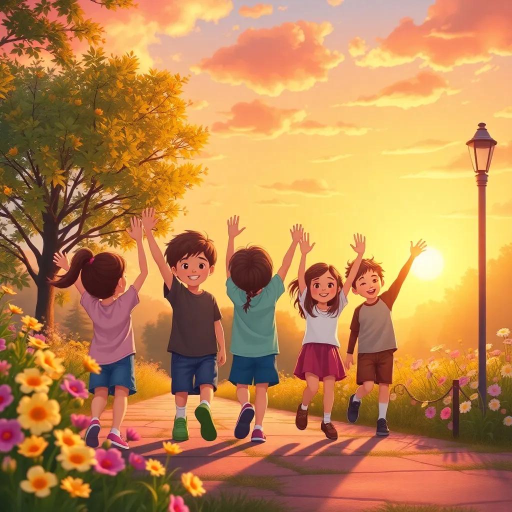 A group of children waving goodbye as they leave the park, the evening breeze flowing, warm colors of the sunset, flowers in bloom around them, heartwarming scene, joyful illustration, high quality