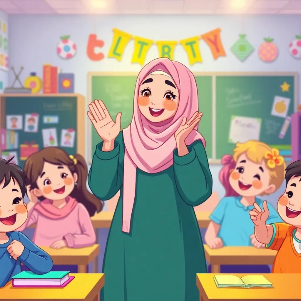 A joyful classroom scene with Latifa, a young Arab teacher in a beautiful abaya and hijab, clapping her hands with excitement in front of her enthusiastic second graders, surrounded by bright colored books and cheerful decorations, warm light, engaging atmosphere, illustration, high quality