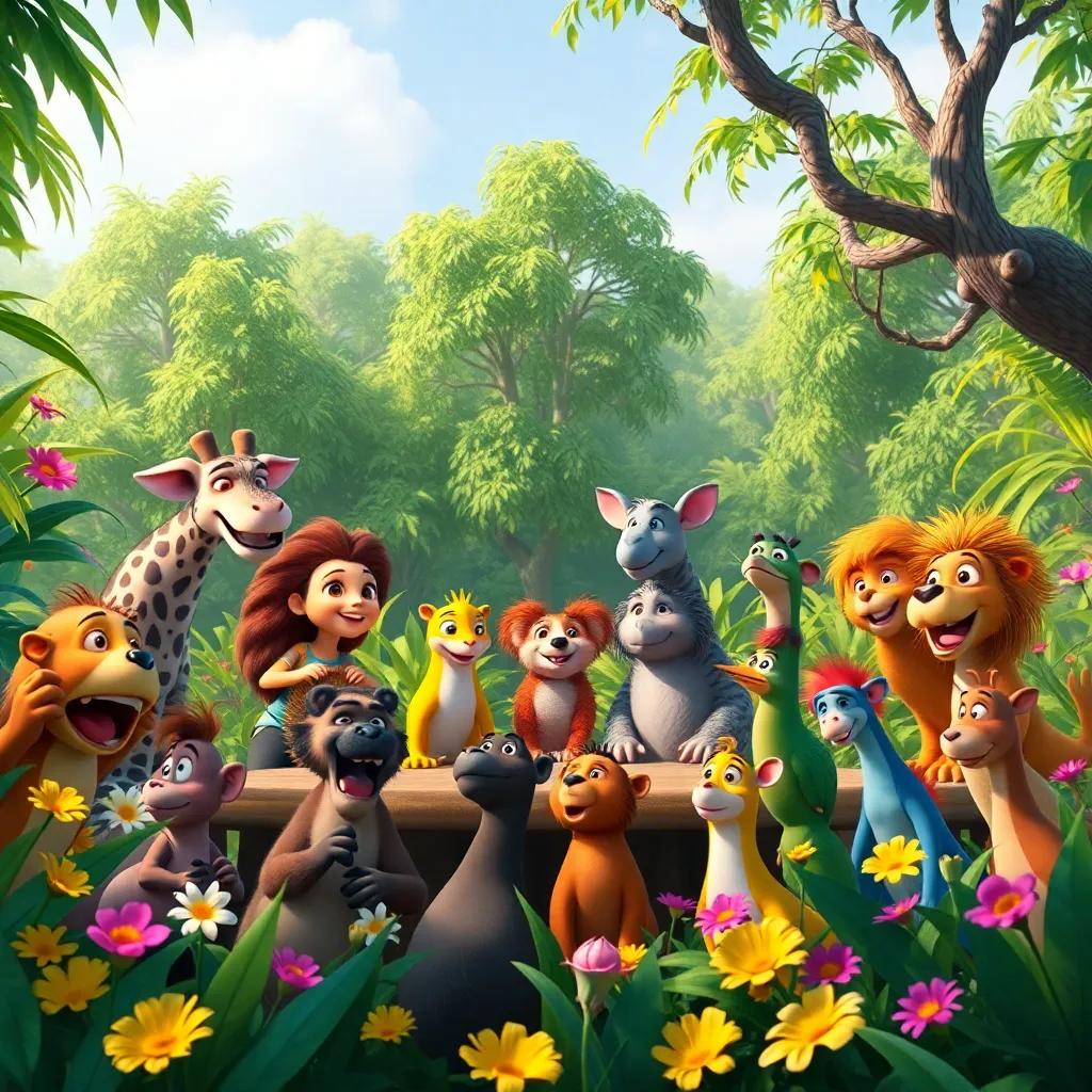 A vibrant jungle scene with various animals gathered for a meeting, lush green trees in the background, colorful flowers around, lively atmosphere, cheerful expressions, digital art, warm colors, inviting ambiance, high quality