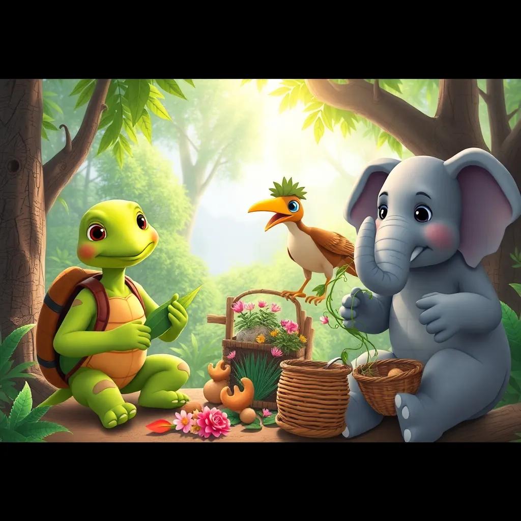 Animals working together on crafts; Tilly the turtle making backpacks from leaves, Benny the bird gathering flowers and vines, and Ellie the elephant weaving baskets, sunlight streaming through the trees, vibrant colors, action-packed scene, digital art, high quality