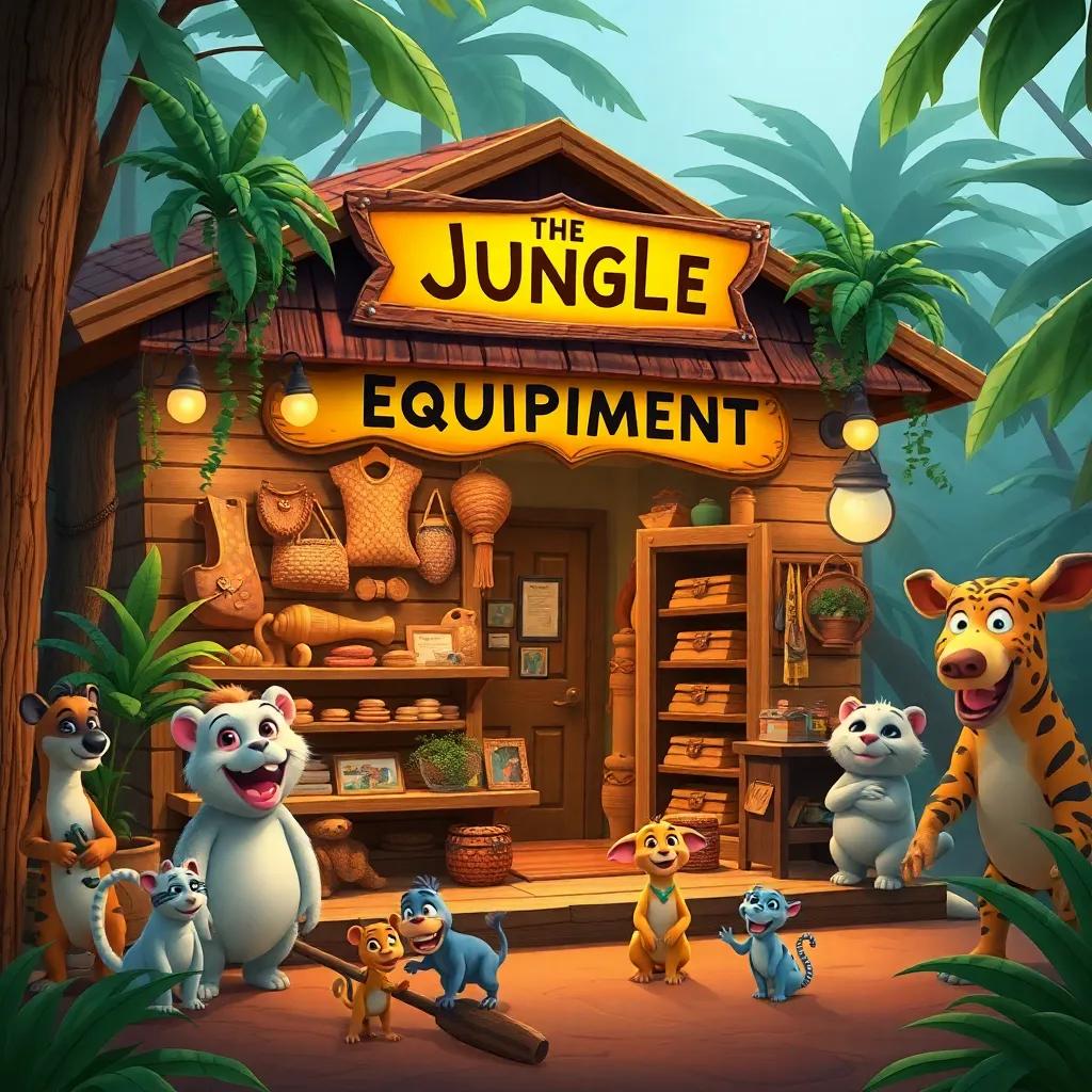 The Jungle Equipment Shop with a bright yellow sign, handmade goods displayed outside, jungle creatures curiously approaching, friendly and inviting atmosphere, animals smiling and interacting, detailed illustration, colorful, warm light