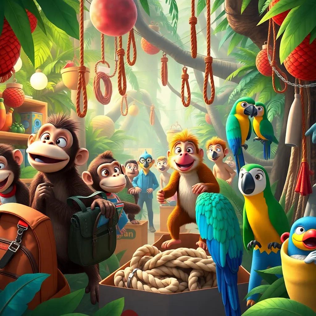 A bustling jungle scene with monkeys buying backpacks, parrots choosing ropes, and happy animals enjoying their shopping experience, filled with vibrant energy, bright colors, joyful expressions, detailed, high quality