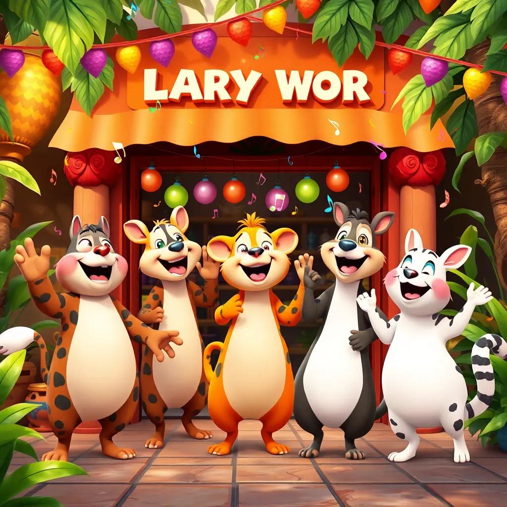 Animals dancing and celebrating their teamwork outside their shop, with music notes and confetti in the air, beautiful jungle background, happy faces, colorful party decorations, lively atmosphere, digital art, joyful and vibrant