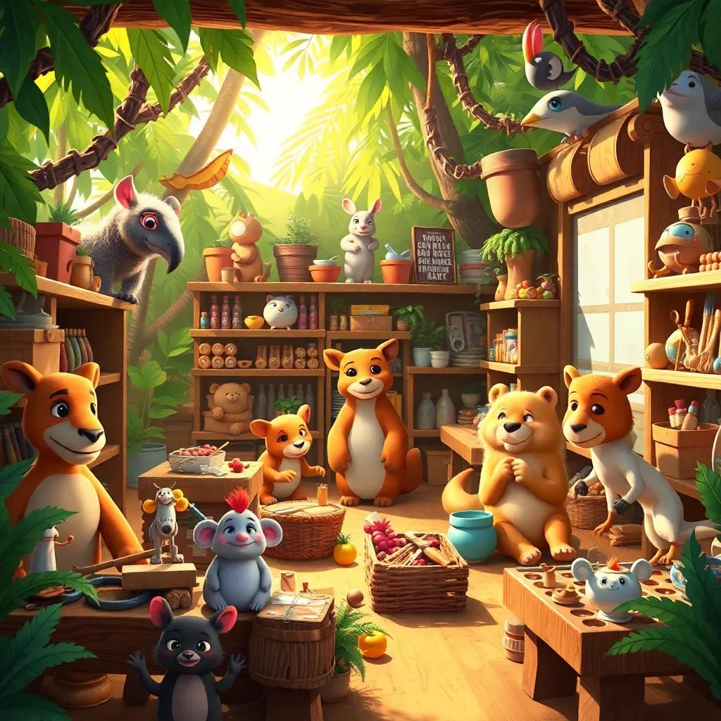 The Jungle Equipment Shop thriving with various animals, each showcasing their unique skills, busy crafting and creating new items, warm sunlight filtering through the leaves, colorful and lively, high quality illustration