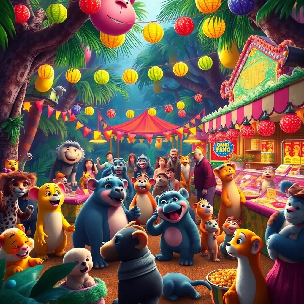 A vibrant jungle fair scene with animals enjoying performances and playing games, colorful decorations all around, food stalls with snacks, excitement in the air, vivid colors, fun atmosphere, high quality digital art