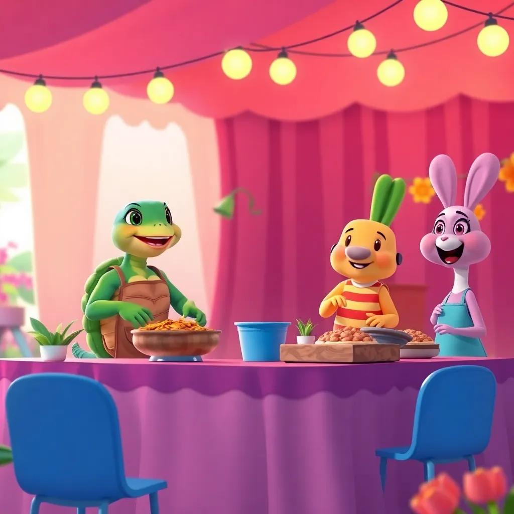 Tilly the turtle cooking delicious snacks, Leo making announcements from a stage, Benny decorating with bright flowers, and Ellie setting up games, cheerful teamwork, colorful details, inviting atmosphere, highly detailed illustration