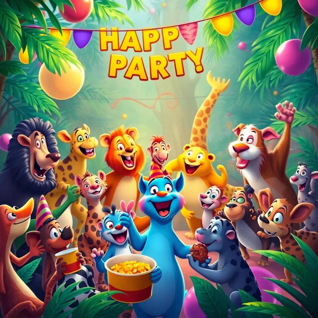 A big celebration party in the jungle with all animals having fun, dancing, eating snacks, vibrant colors and joyful expressions, happiness all around, lively and festive, digital painting, high quality
