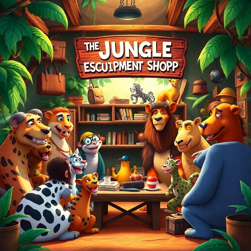 The Jungle Equipment Shop with all animals gathered, sharing ideas for their next adventure, a lively brainstorming session, bright surroundings, happy faces, colorful jungle background, detailed illustration, warm light