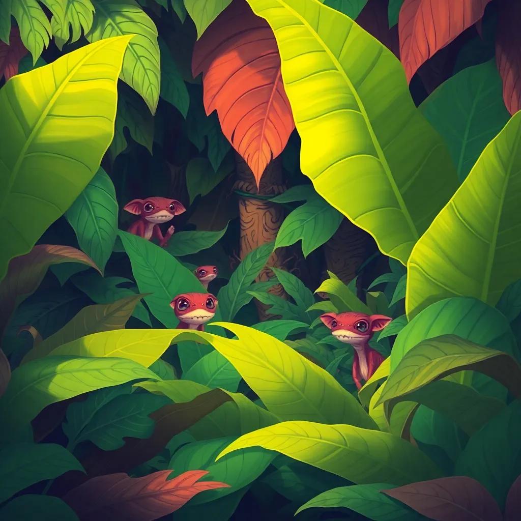 A lush jungle scene with oversized leaves and strange creatures peeking through the foliage, adding a touch of mystery and surrealism, colorful, imaginative, digital painting, child-friendly