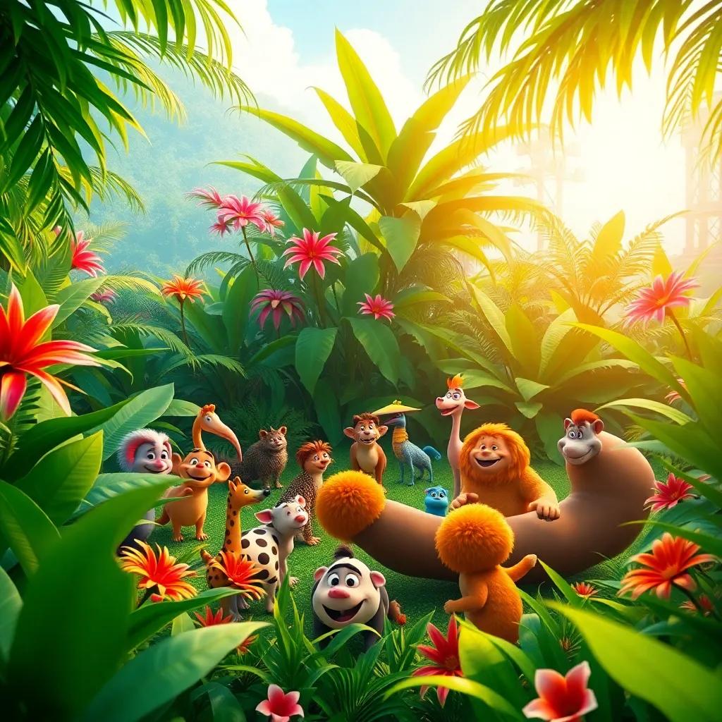 A lush green jungle with tropical plants and vibrant flora, animals gathered around in a circle, digital art, bright colors, lively atmosphere, joyful scene, high quality