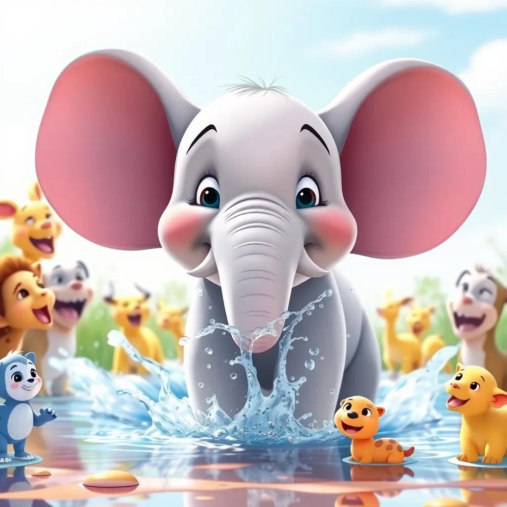 Ellie the Elephant with big ears and a playful face, splashing water from her trunk in joy, surrounded by laughing animals, bright sunshine, cheerful colors, animated vibe, high quality
