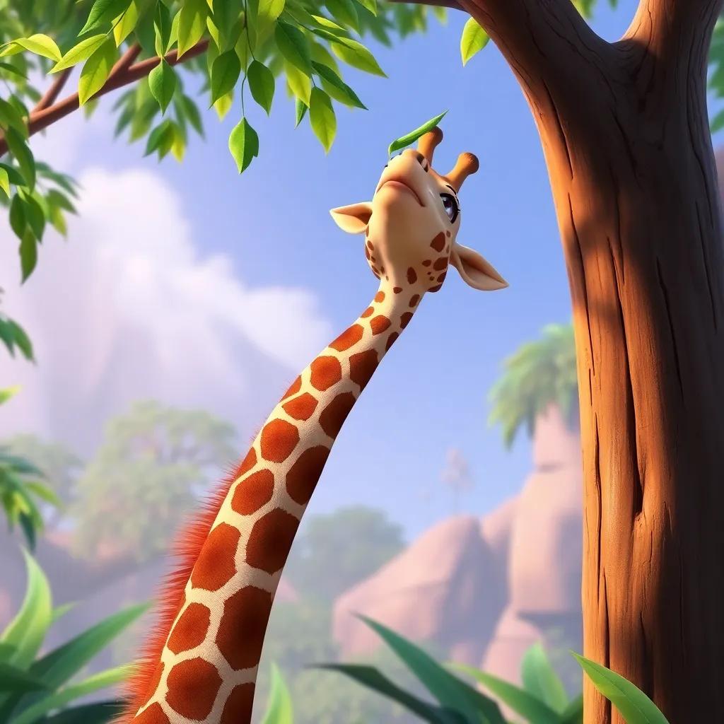 Zara the Giraffe reaching high to munch on green leaves from a tall tree, her long neck beautifully stretched, jungle background, colorful and vibrant, playful ambiance, high quality