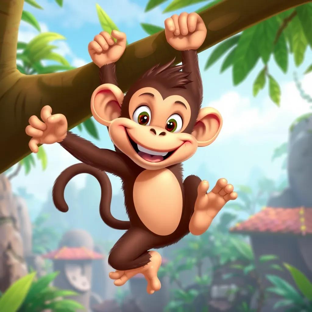 Max the Mischievous Monkey swinging from a branch with a cheeky grin, colorful jungle scenery in the background, dynamic pose, fun and lively, child-friendly illustration, high quality