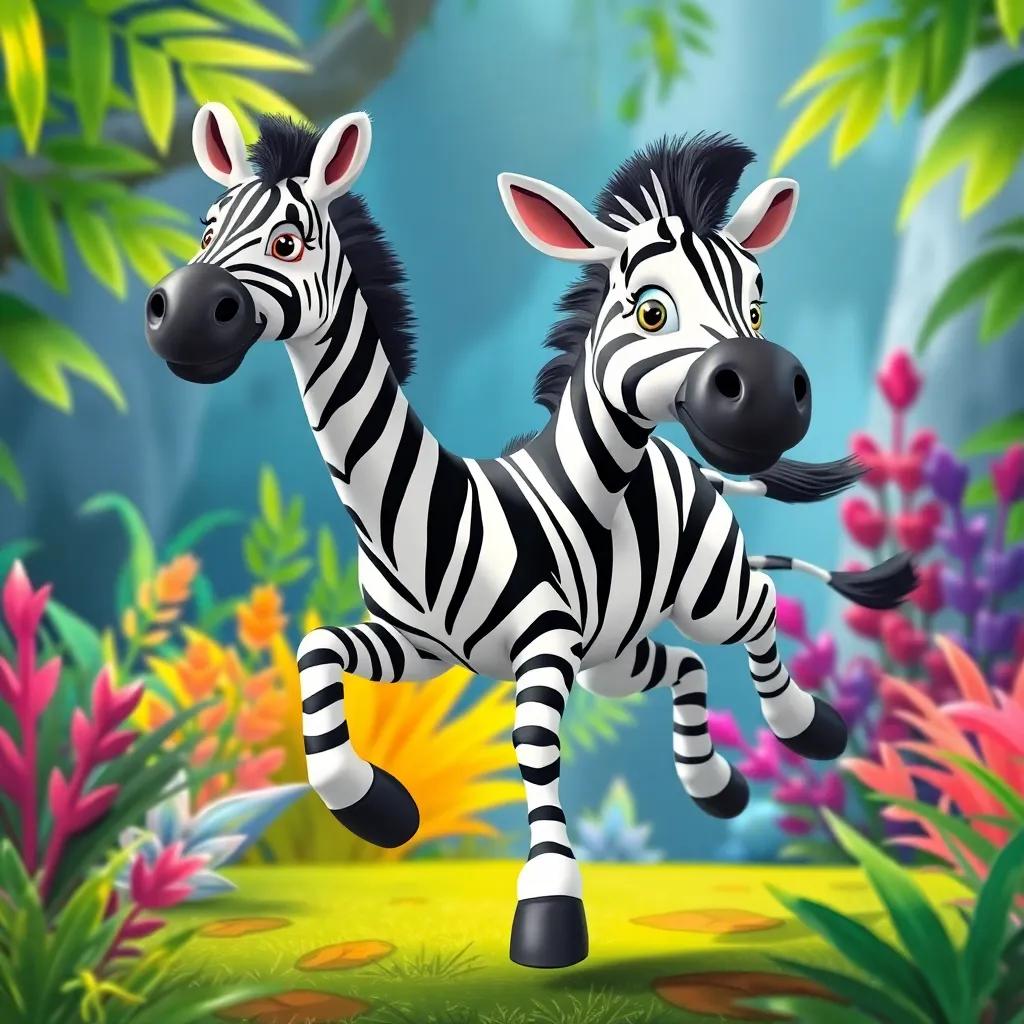 Sammy the Zebra showing off his unique black and white stripes, playfully running in the jungle, colorful plants around, delightful and vibrant, appealing to children, high quality