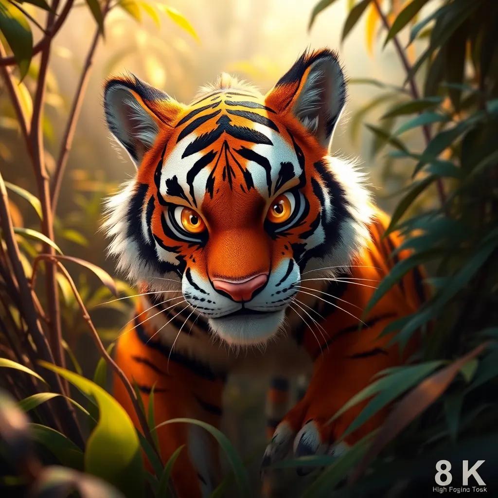 Tom the Tiger with shiny fur and fierce eyes, in a stealthy pose amongst the bushes, ready to pounce, wild jungle atmosphere, striking colors, adventurous look, high quality