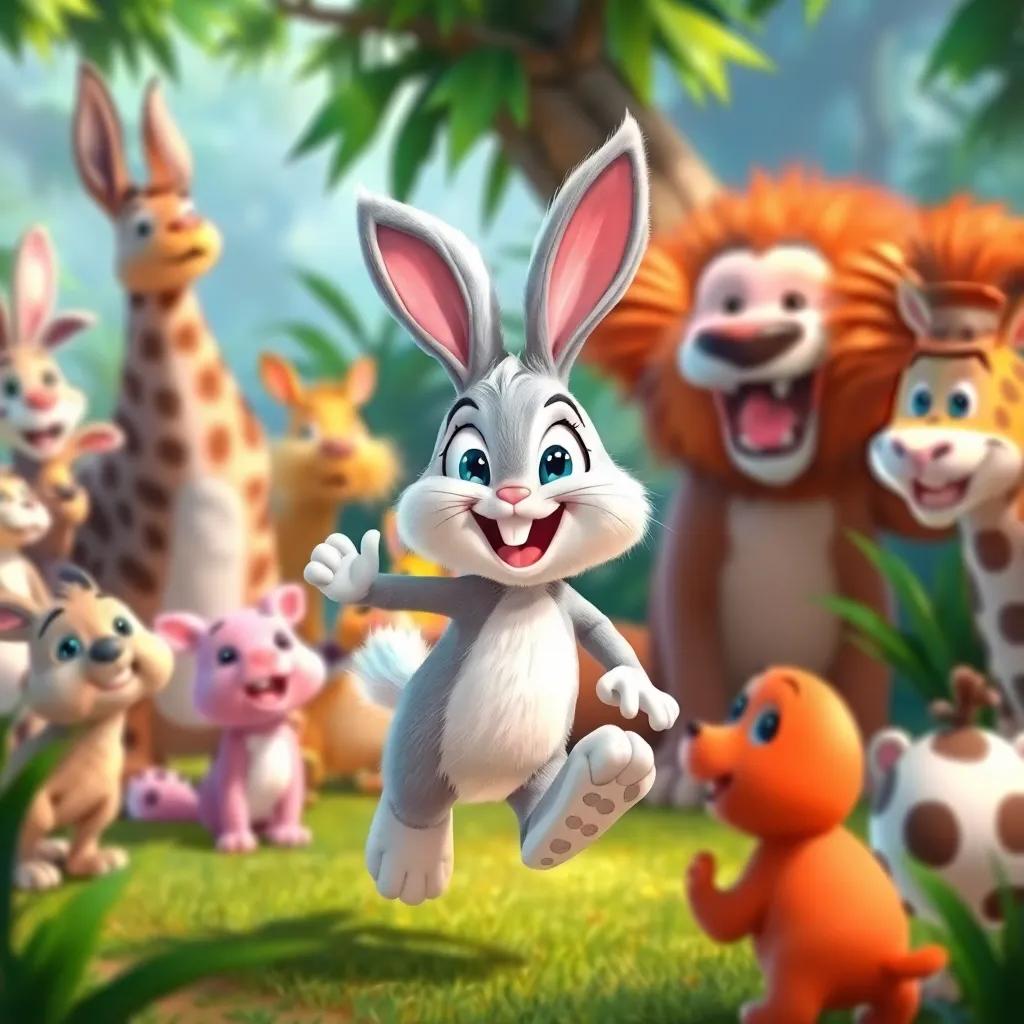 Benny the Bunny hopping joyfully with fluffy fur and bright eyes, surrounded by his animal friends in a happy gathering, bright and cheerful jungle backdrop, engaging and colorful, high quality