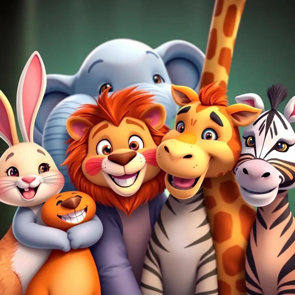 A close-up of all the animals together, showing friendship (rabbit, lion, elephant, giraffe, monkey, zebra, tiger) all smiling, enchanted mood, warm colors, child-friendly, high quality