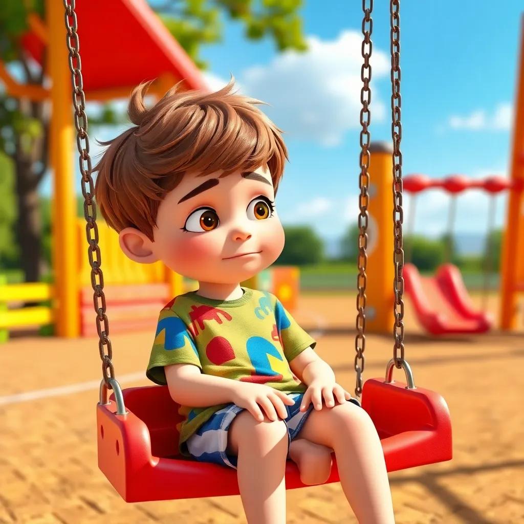 Sam, a young boy with brown hair wearing a colorful t-shirt and shorts, sitting on a swing looking tired in a sunny playground, bright colors, cheerful atmosphere, joyful day