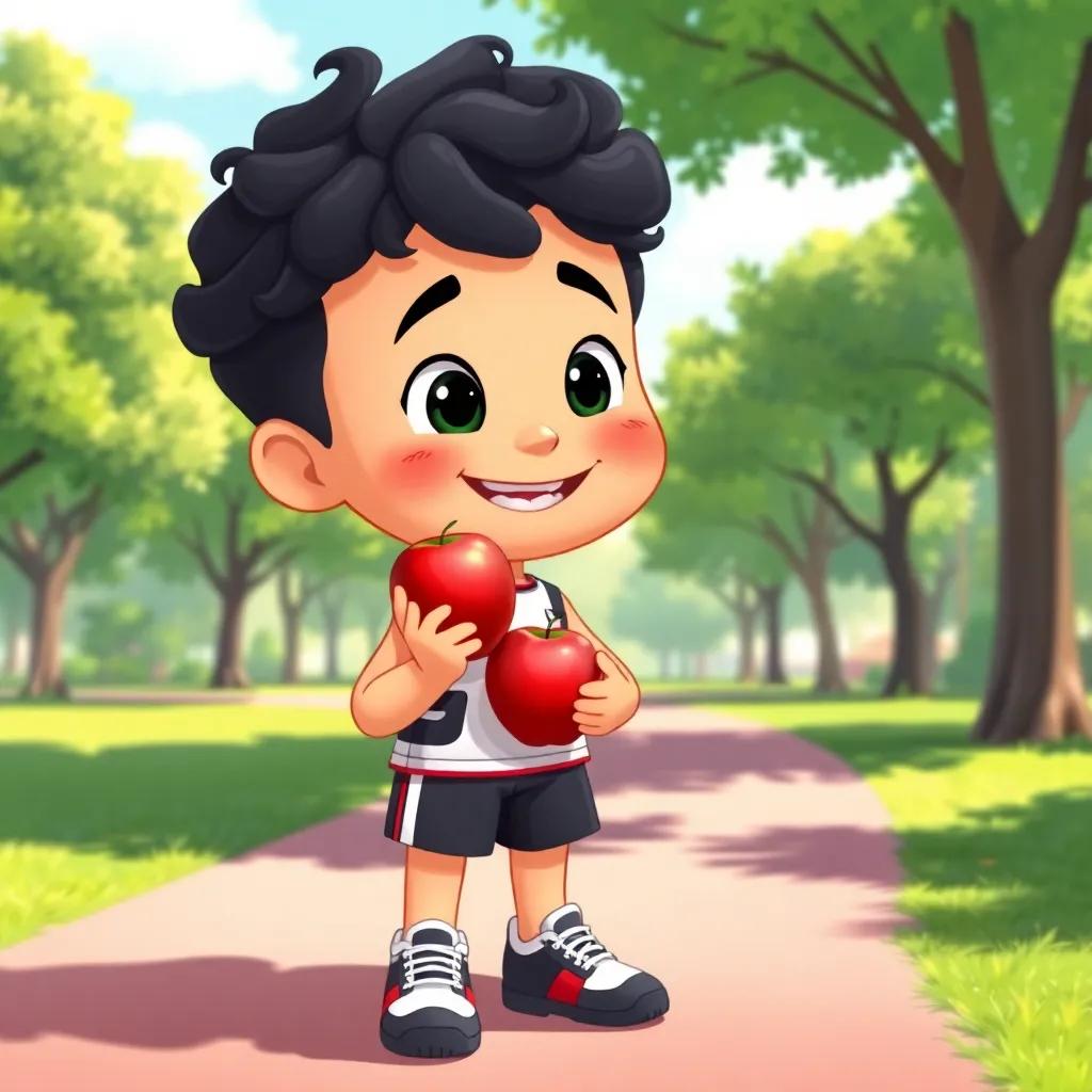 Adam, a young boy with curly black hair, wearing a sporty outfit and sneakers, smiling as he holds an apple in a sunny park, vibrant colors, energetic vibe, child-friendly