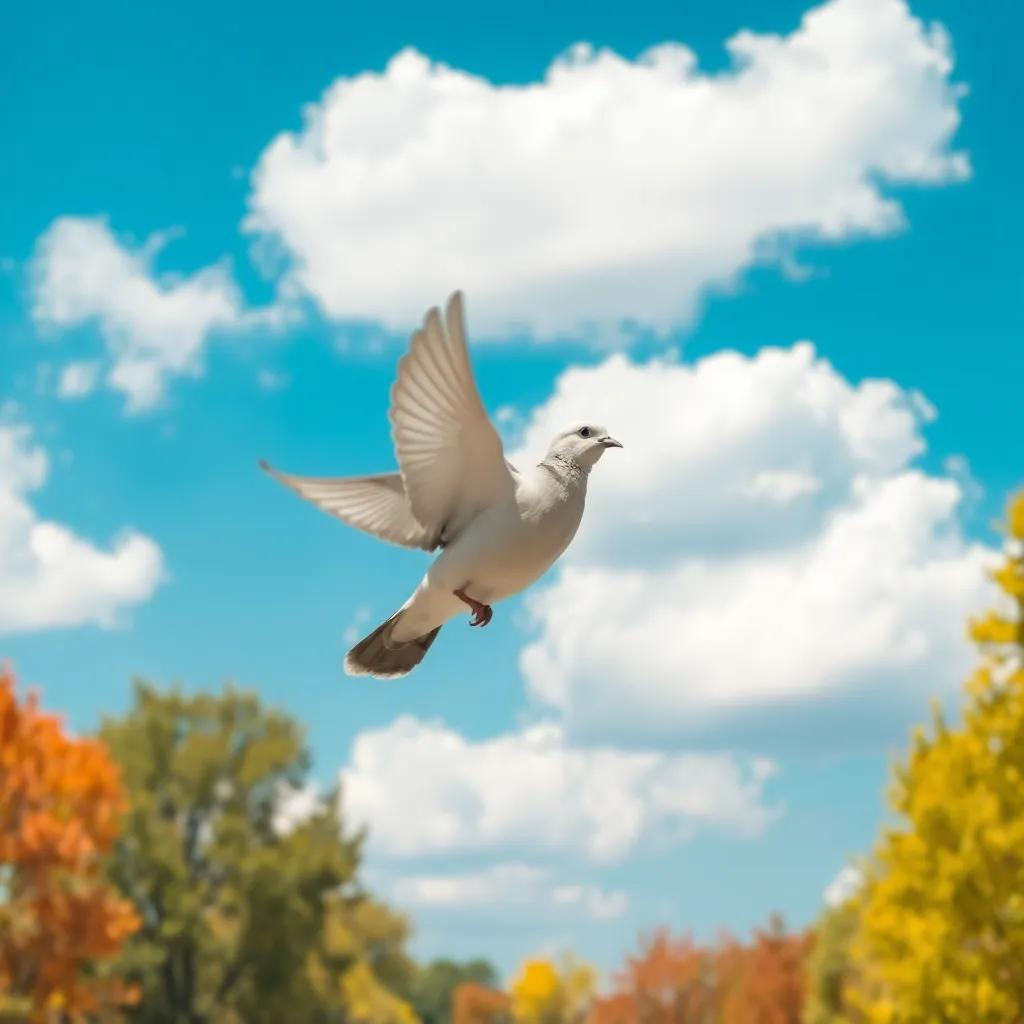 A little dove, flying in the bright blue sky, with fluffy white clouds, colorful trees below, cheerful atmosphere, digital art, vibrant colors, joyful perspective, high quality