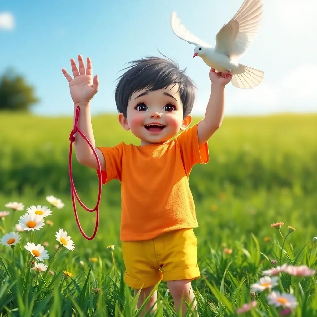 A small child, waving joyfully at the dove, with a yo-yo in hand, wearing a bright t-shirt and shorts, surrounded by green grass and flowers, sunny day, child-friendly illustration, warm light, fun perspective, high quality