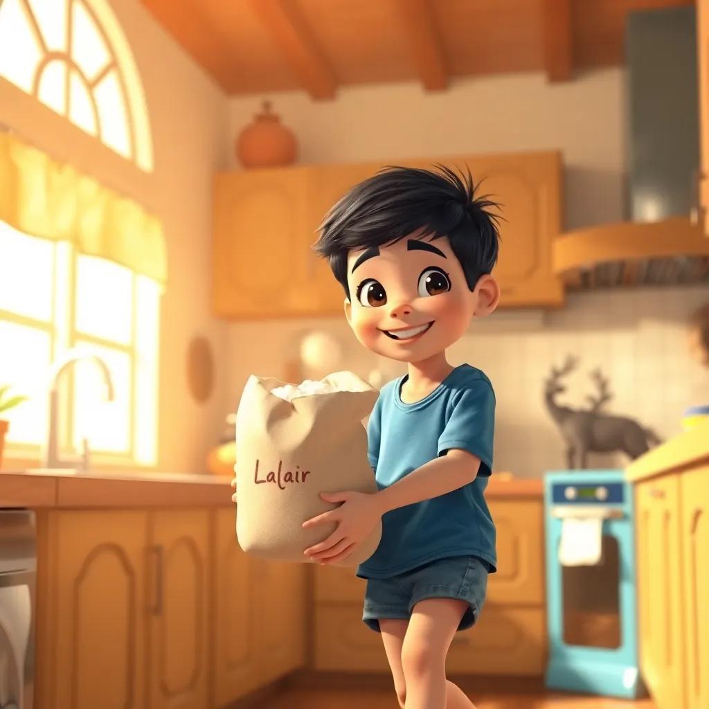 A young boy named Ali, with short black hair, wearing a blue shirt and shorts, happily carrying a bag of flour in a cozy kitchen filled with warm sunlight, cheerful atmosphere, digital art, bright colors, child-friendly, high quality