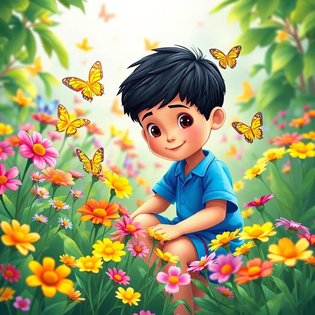 Ali, a young boy with short black hair, wearing a blue shirt and shorts, picking colorful flowers in a vibrant garden, surrounded by butterflies and green leaves, cheerful, playful, whimsical style, digital art, bright colors, high quality