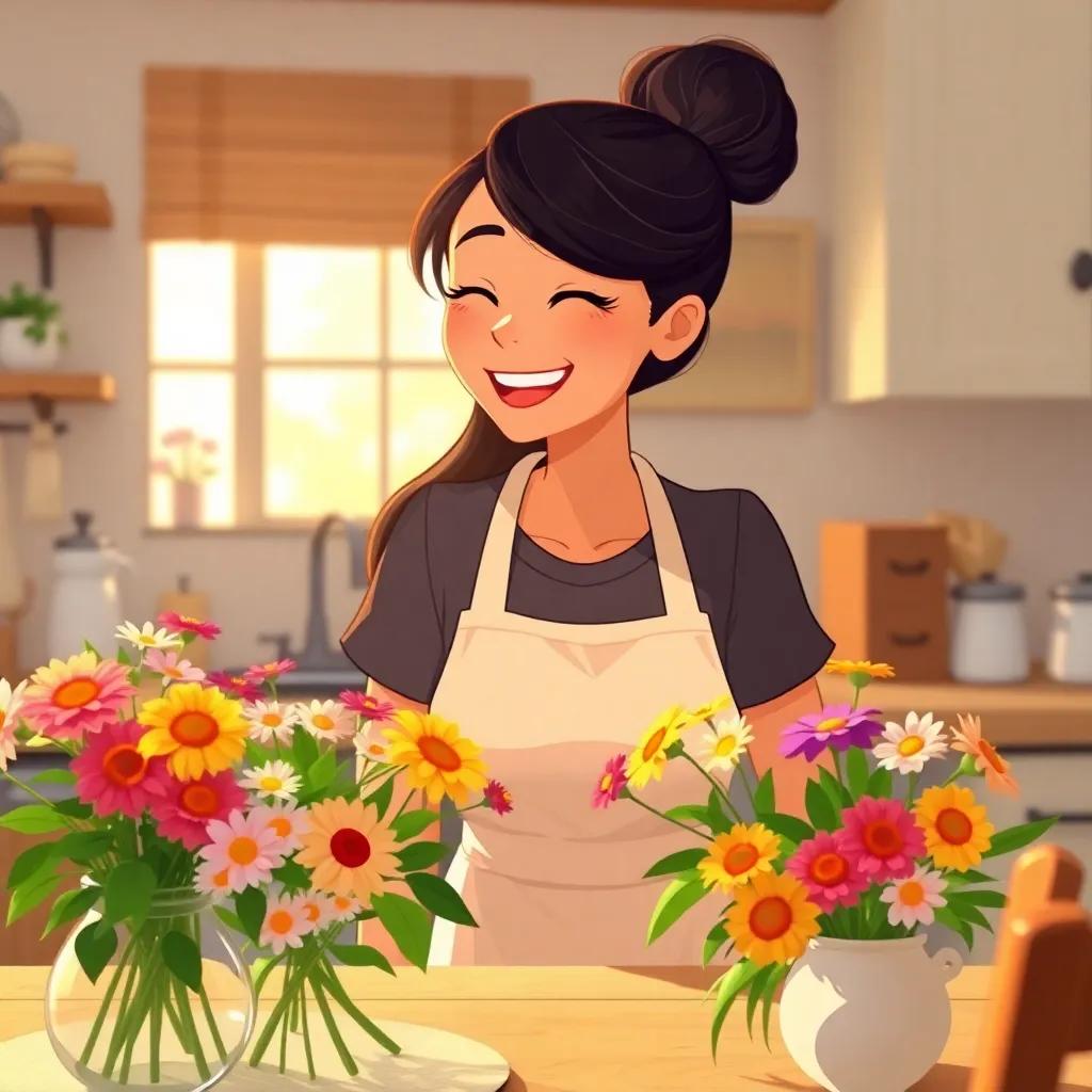 A smiling mother, with long black hair in a bun, wearing an apron, delighted by a bouquet of flowers on the kitchen table, sunlight shining in, warm colors, inviting atmosphere, digital illustration, heartwarming scene
