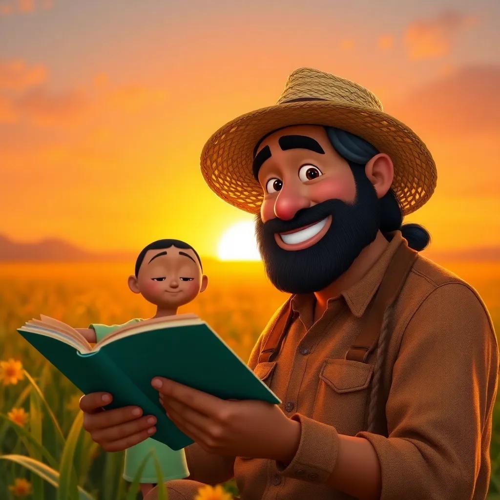Ali's father, a strong man with a cheerful face, wearing a straw hat and work clothes, telling stories to Ali in a field, sunset glowing in the background, warm light creating a cozy atmosphere, digital art, vibrant, engaging