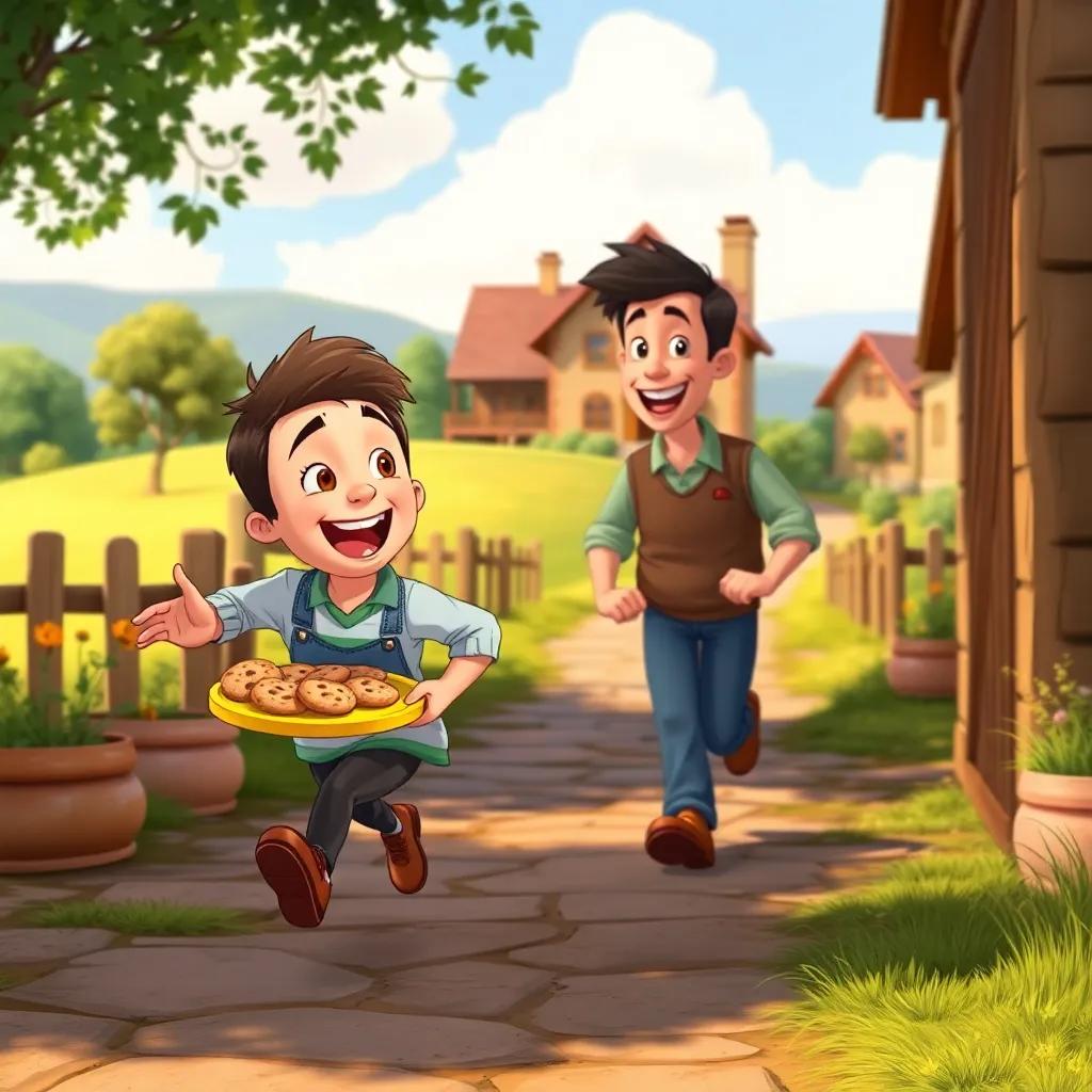 Ali, with a plate of homemade cookies, running excitedly to his father, who looks happy and surprised, a picturesque farmhouse in the background, warm, earth-toned colors, joyful scene, digital illustration, family-friendly