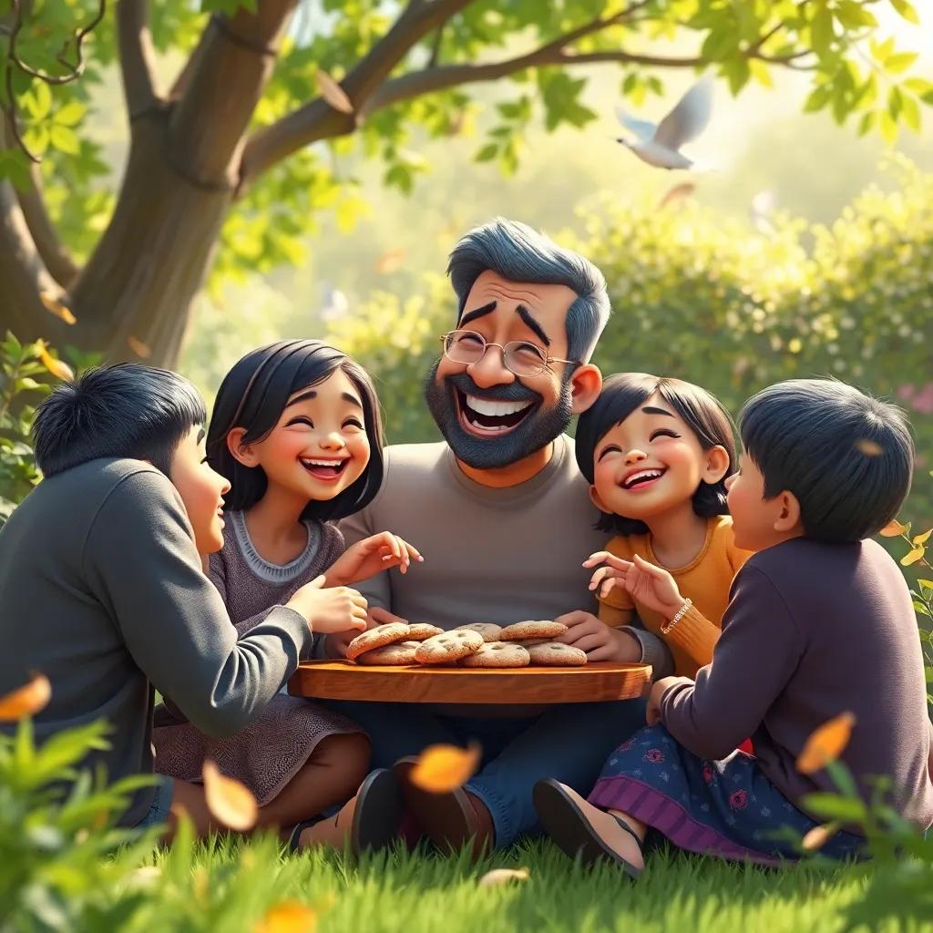 Ali's father, surrounded by happy family members, enjoying cookies in the garden, laughter and joy in the air, tree leaves softly falling around, bright daylight, heartwarming imagery, digital art