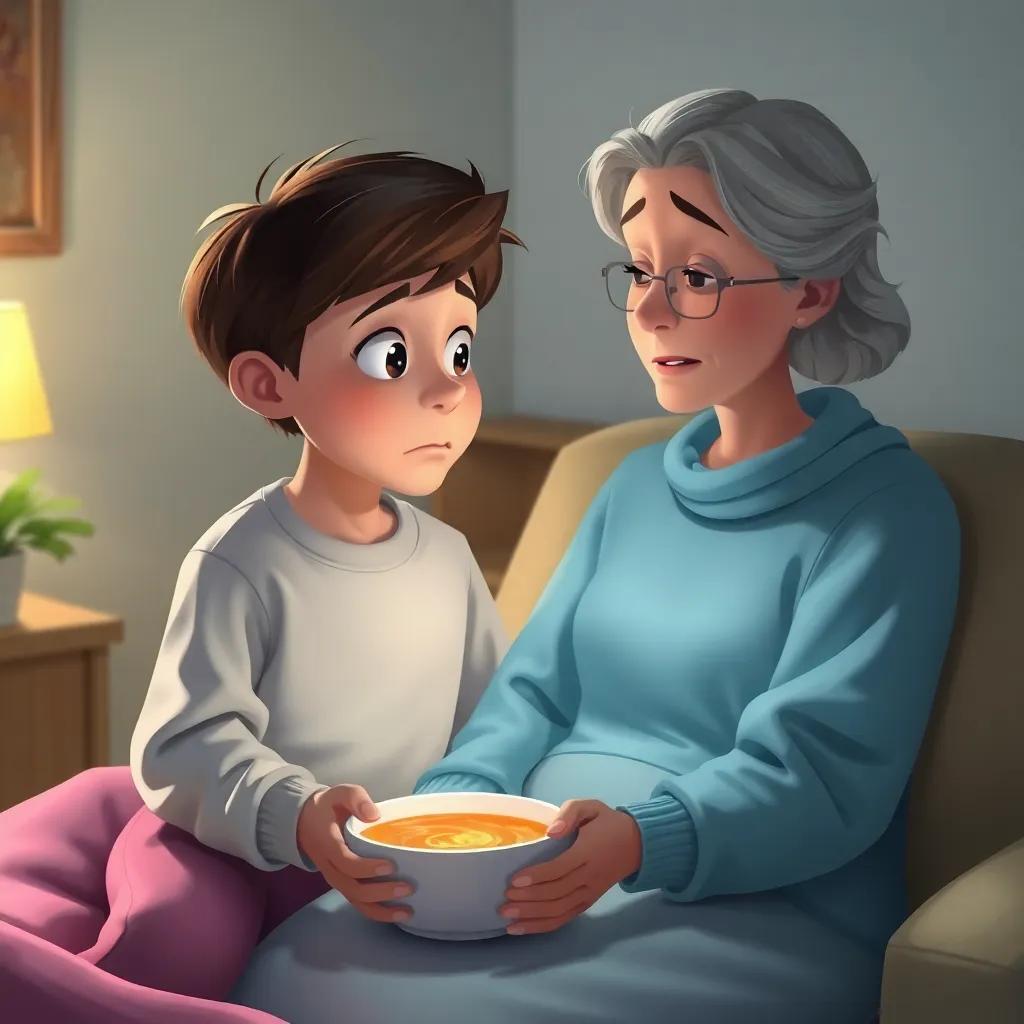 A scene of a young boy taking care of his sick mother at home, bringing her a bowl of soup with a concerned expression, soft lighting to create a warm feel, emotional, touching scene, digital painting, nurturing atmosphere