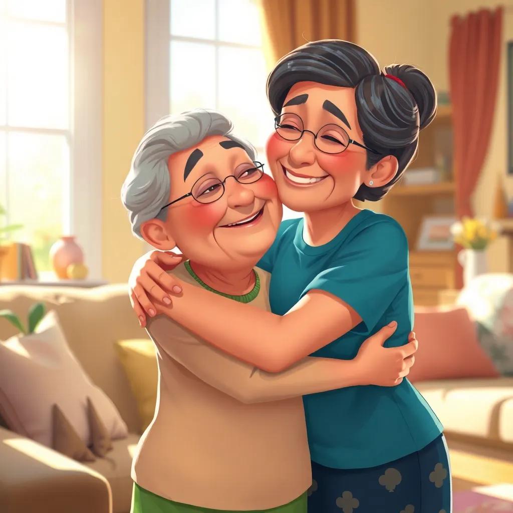 Ali's mother, looking much better now, giving Ali a big hug, bright sunlight streaming through a window, a cozy living room filled with warmth and love, emotional, heartfelt, digital painting