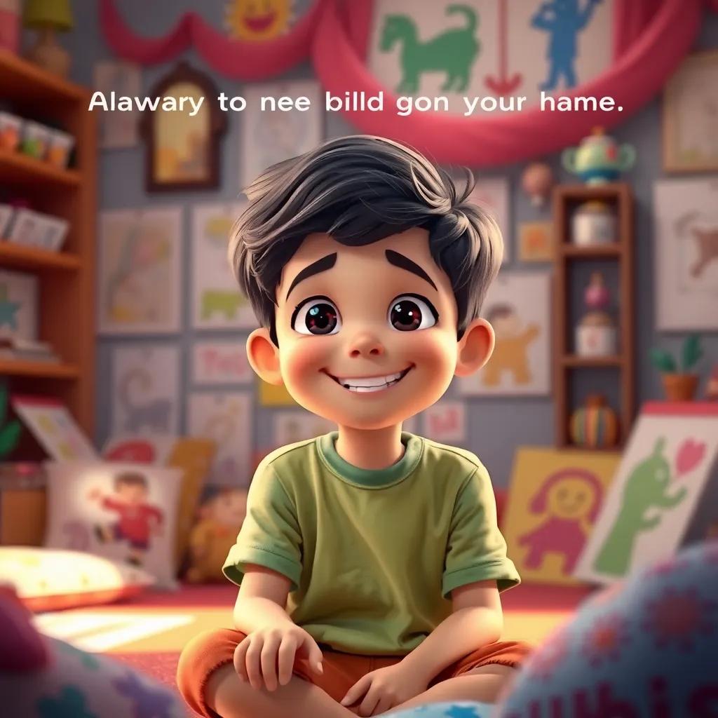 A young boy, Ali, with a big smile, promising to always be kind to his parents, sitting in a colorful room filled with drawings and memories, bright colors, inspirational atmosphere, digital art, child-friendly