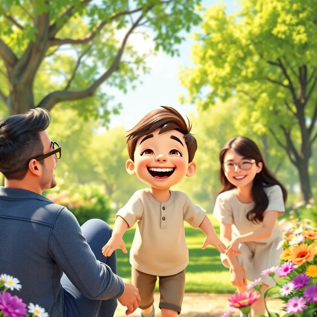 Ali, a young boy with a joyful face, playing with his parents in a sunny park, laughter and fun in the air, surrounded by trees and flowers, vibrant, happy scene, digital illustration, family-oriented