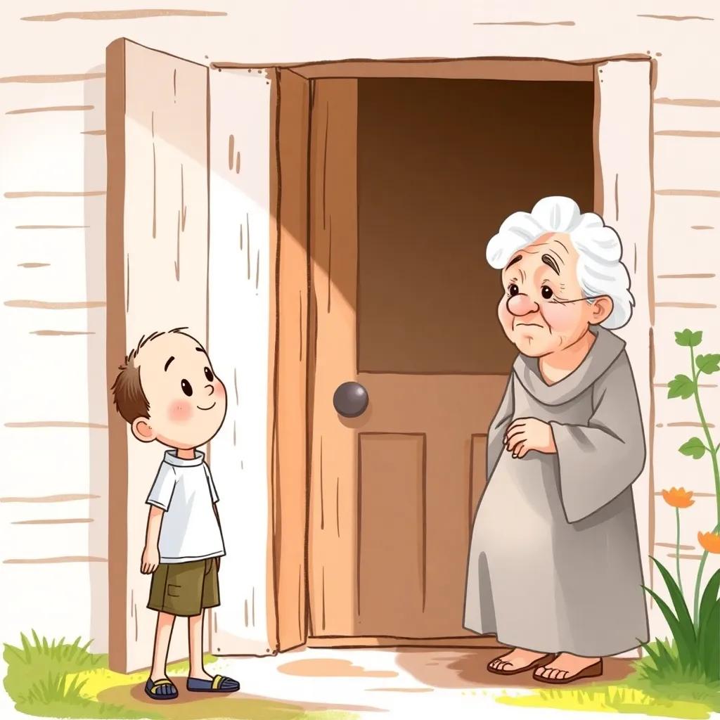 A little boy, Timmy, with short brown hair wearing a simple shirt and shorts, standing at the door of a cozy house smiling at an old woman, who has white hair and a wrinkled face, looking tired but grateful, with gentle sunlight illuminating the scene, illustration, friendly interactions, heartwarming, child-friendly