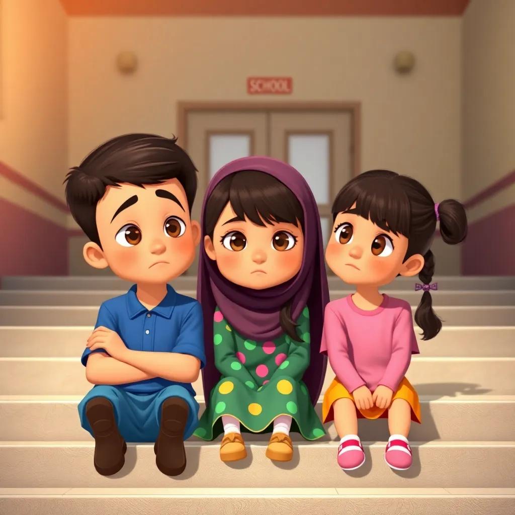 A group of three siblings, Ward, a young boy with short, dark hair in a blue shirt, Noura, a young girl with long, dark hair in a colorful dress, and Yasmina, a young girl with pigtails in a pink shirt, sitting together on school steps looking sad, digital art, school background, warm lighting, cheerful colors, engaging view, high quality