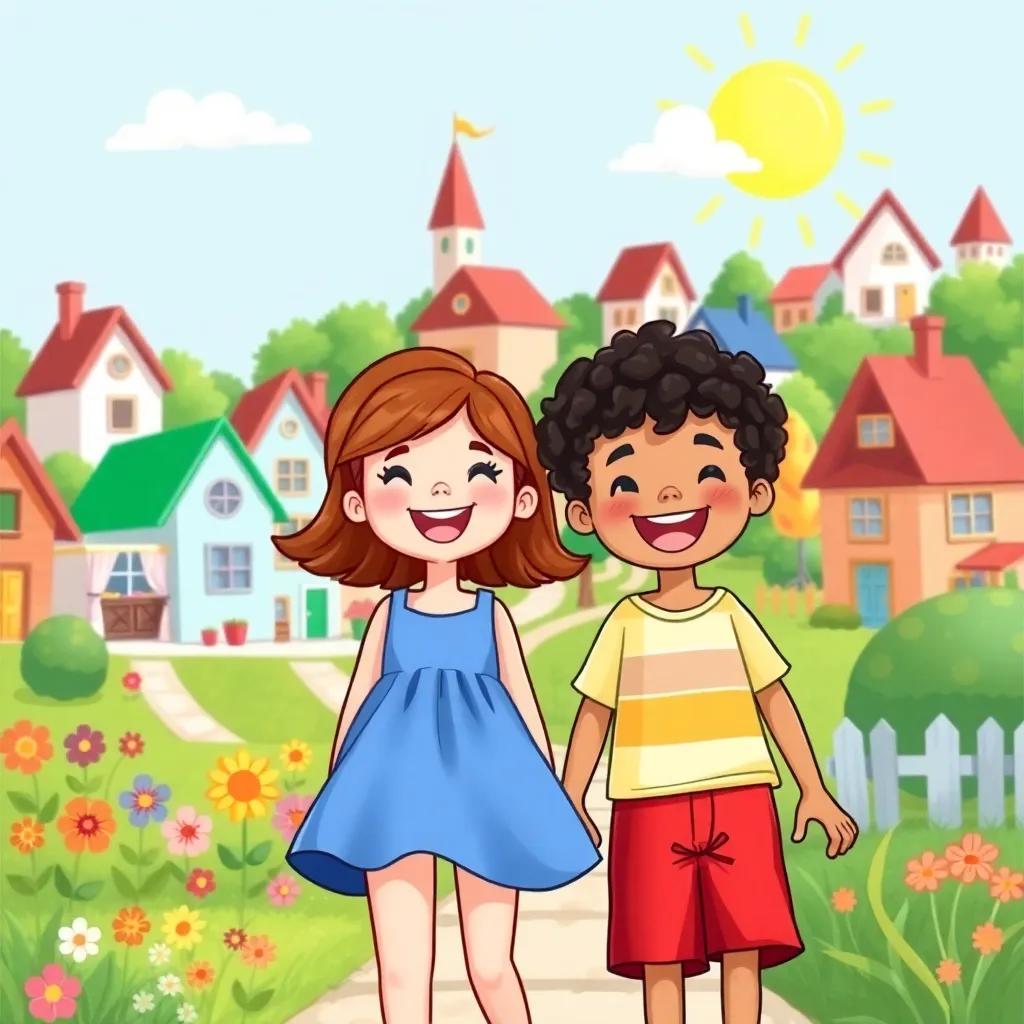 A colorful village with houses, flowers, and trees, Lily, a cheerful girl with brown hair wearing a blue dress, and Sam, a boy with curly hair wearing red shorts, smiling excitedly together, sunny day, vibrant colors, joyful atmosphere, engaging composition, high quality