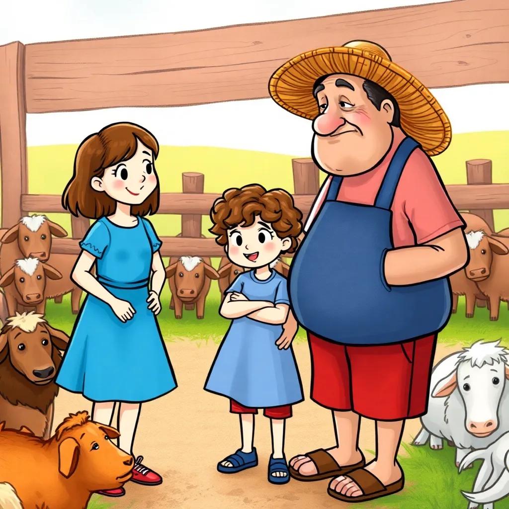 Lily, a cheerful girl with brown hair wearing a blue dress, and Sam, a boy with curly hair wearing red shorts, talking to Mr. Grumble, an older man with a frown and a straw hat, near a big fence, surrounded by sad animals, friendly discussion, warm light, inviting view, heartwarming scene, high quality