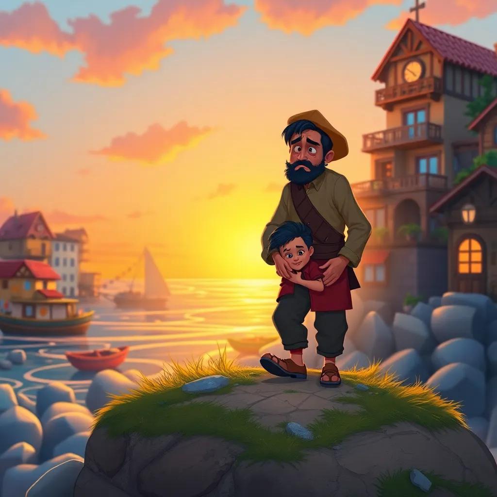 A sad merchant walking on a small plot of land, with a frown and downcast eyes, while his little son, Heinel, hugs his legs, colorful sea town background, warm sunset, whimsical, inviting atmosphere, high quality