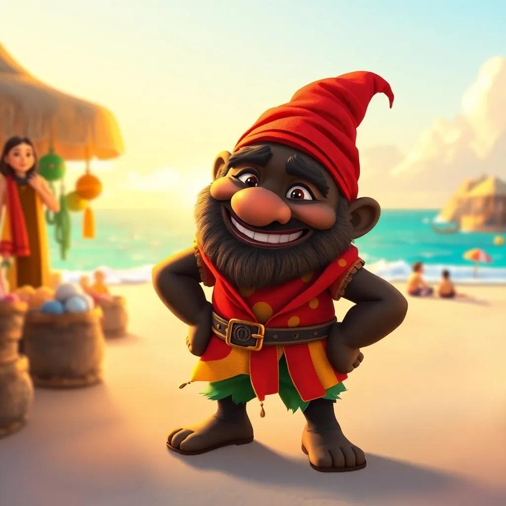 A little rough-looking black dwarf with a mischievous grin standing near the merchant, colorful clothes, surrounded by golden light, cheerful beach scene, illustrative, fantasy, high quality