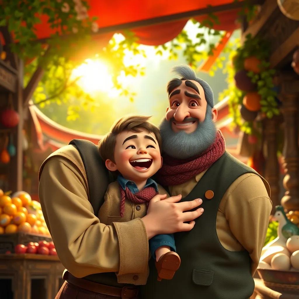 Heinel laughing joyfully in the arms of his father, the merchant looks worried, in a colorful market setting, pleasing sunlight filtering through trees, vibrant colors, heartwarming atmosphere, high quality