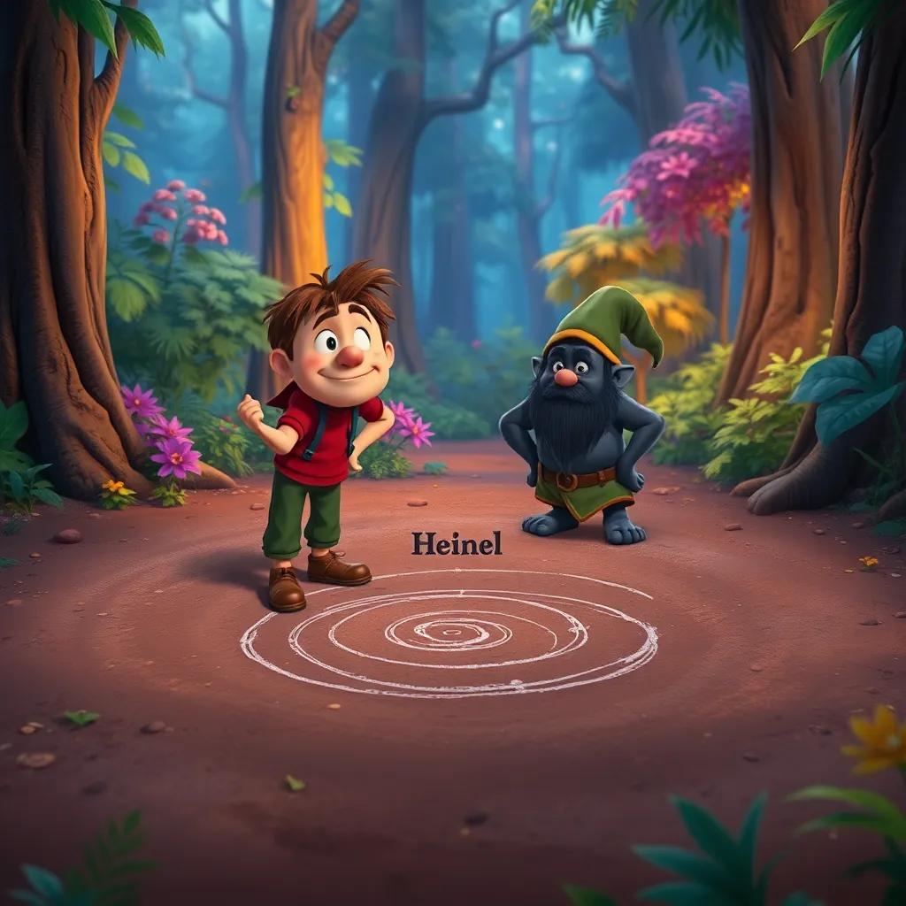 Heinel drawing a circle in the dirt with confidence, the black dwarf looking uneasy on the outside, vibrant forest around them, magical feel, inviting, colorful, high quality