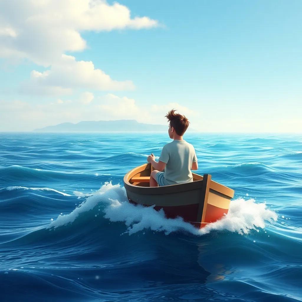 Heinel sailing on a small boat, waves splashing, looking brave with a distant land in view, enchanting ocean scene, soft pastel colors, hopeful atmosphere, high quality
