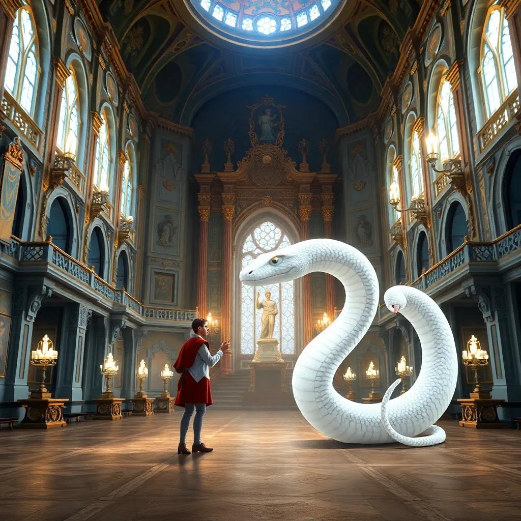Heinel meeting a beautiful, enchanted white snake in a splendid but empty castle, majestic architecture around them, bright and magical ambiance, high quality
