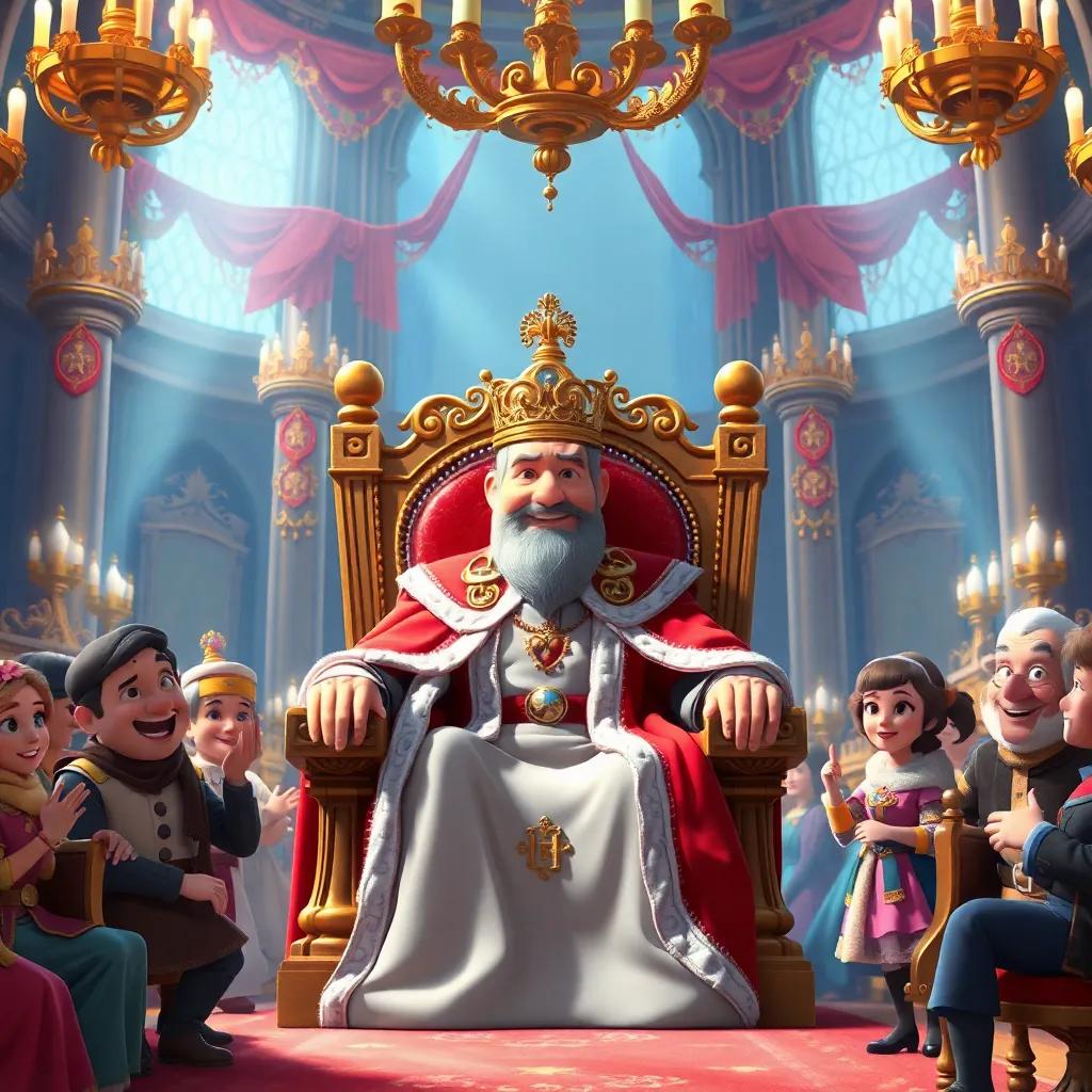 Heinel, dressed in royal garments, sitting proudly on a throne in a castle festooned with grandeur, surrounded by joyful subjects, celebration atmosphere, high quality